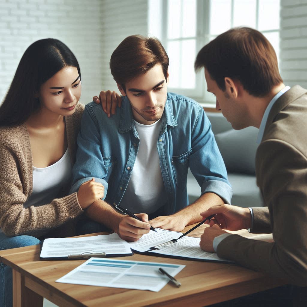 Health Insurance Assistance Programs in NY: Person assisting a husband and wife with paperwork, explaining health insurance options