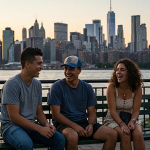 Young adults in their 20s sitting on a bench with the New York City skyline in the background, representing New York Catastrophic Health Insurance Plans